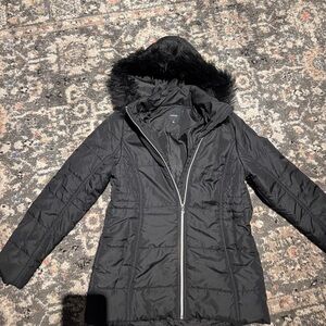 Women's Black Quilted Jacket with Faux Fur Hood